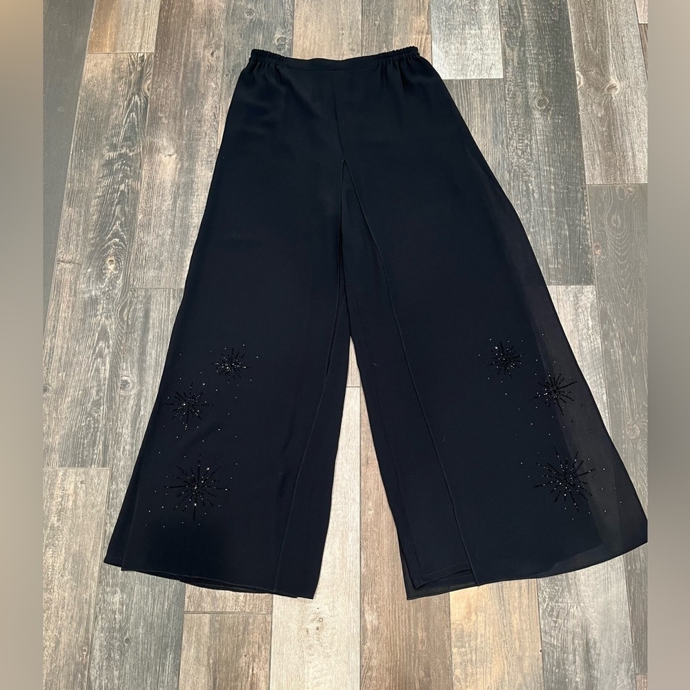 Adrianna Papell Black Sheer Crepe Wide Leg Pants Evening Palazzo Sz 12 Beaded